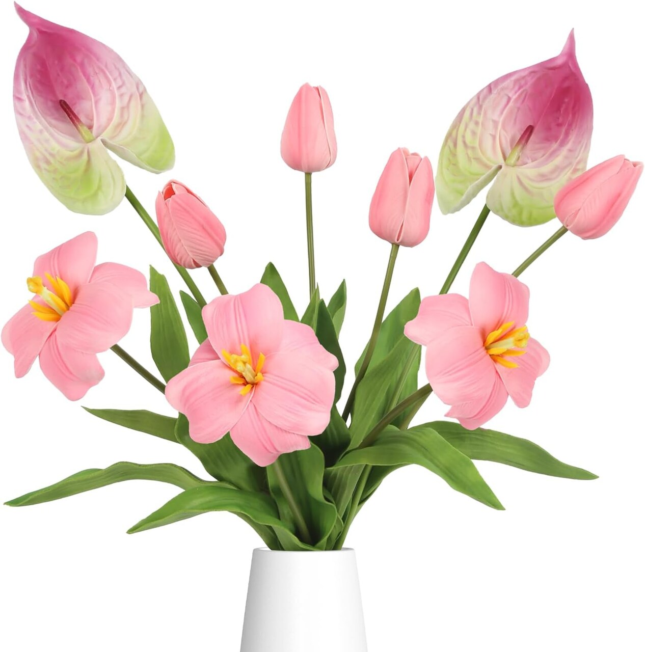 Pink Fake Tulips & Anthurium Combo – Real Touch PU Faux Flowers for Vase, Wedding, Bridal Bouquet, Home Table Centerpieces, Spring & Easter Decor